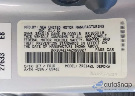 2010 Toyota Corolla Le из США, поврежденный, VIN 1NXBU4EE4AZ328827